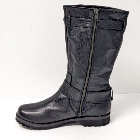 Gentle Souls BUCKLE UP Black Leather Buckle Side Zip Up Calf High Moto Boots - Picture 8 of 16